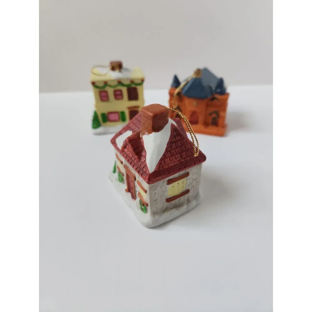 Vintage‎ Set of 3 Ceramic Charming Snow Christmas Village Bell Ornaments